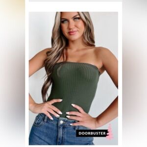 Olive Green Ribbed Tube Top Bodysuit